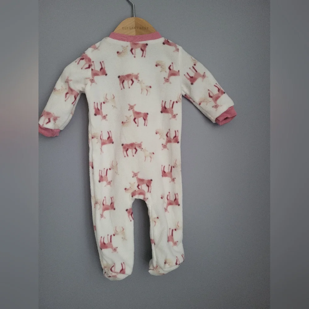 Chick Pea Pink and White Deer Print And Snowflake Fleece Footies NWT 0-3m